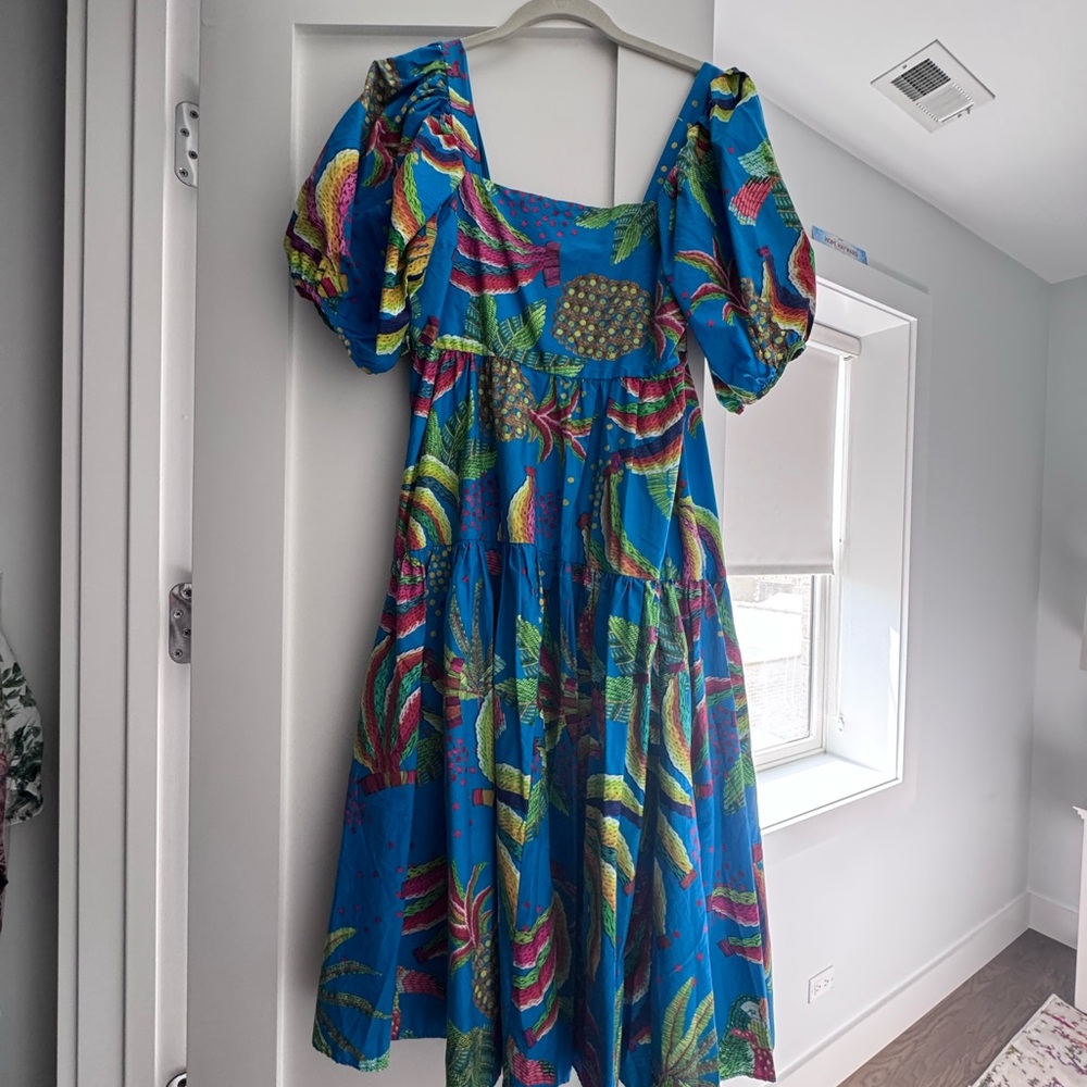 FARM Rio Blue Tropical Print Midi Dress